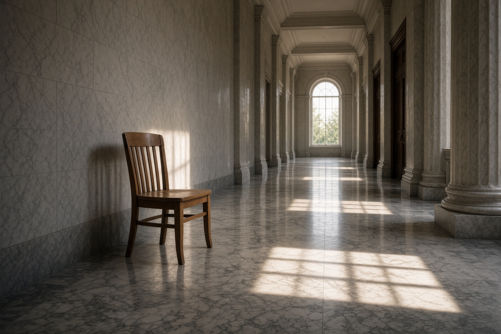 Empty chair in a courthouse hallway