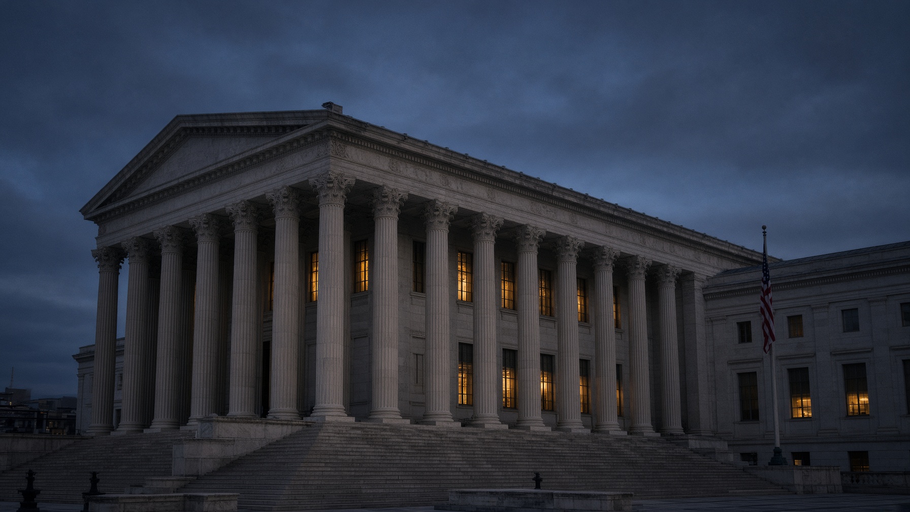 Neoclassical American courthouse at dusk, empty stone steps and columns