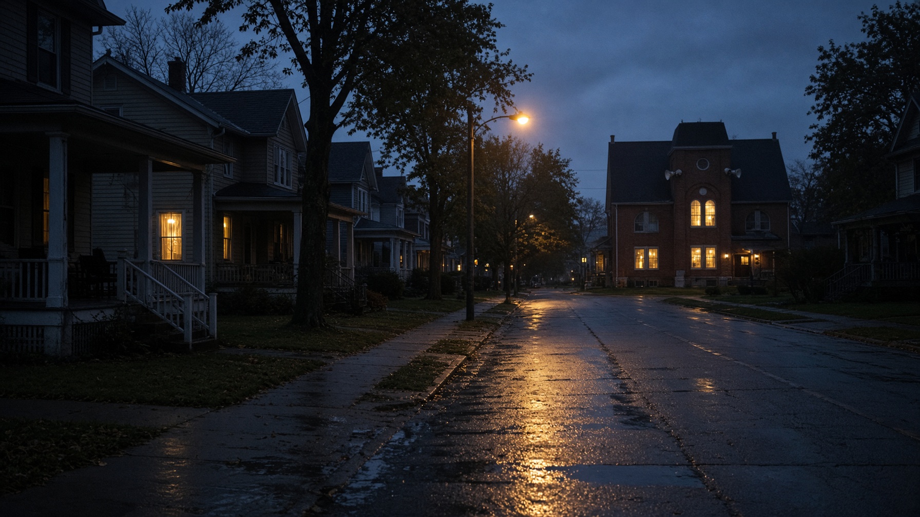 Pre-dawn American residential street with porch lights and a house of worship in the distance