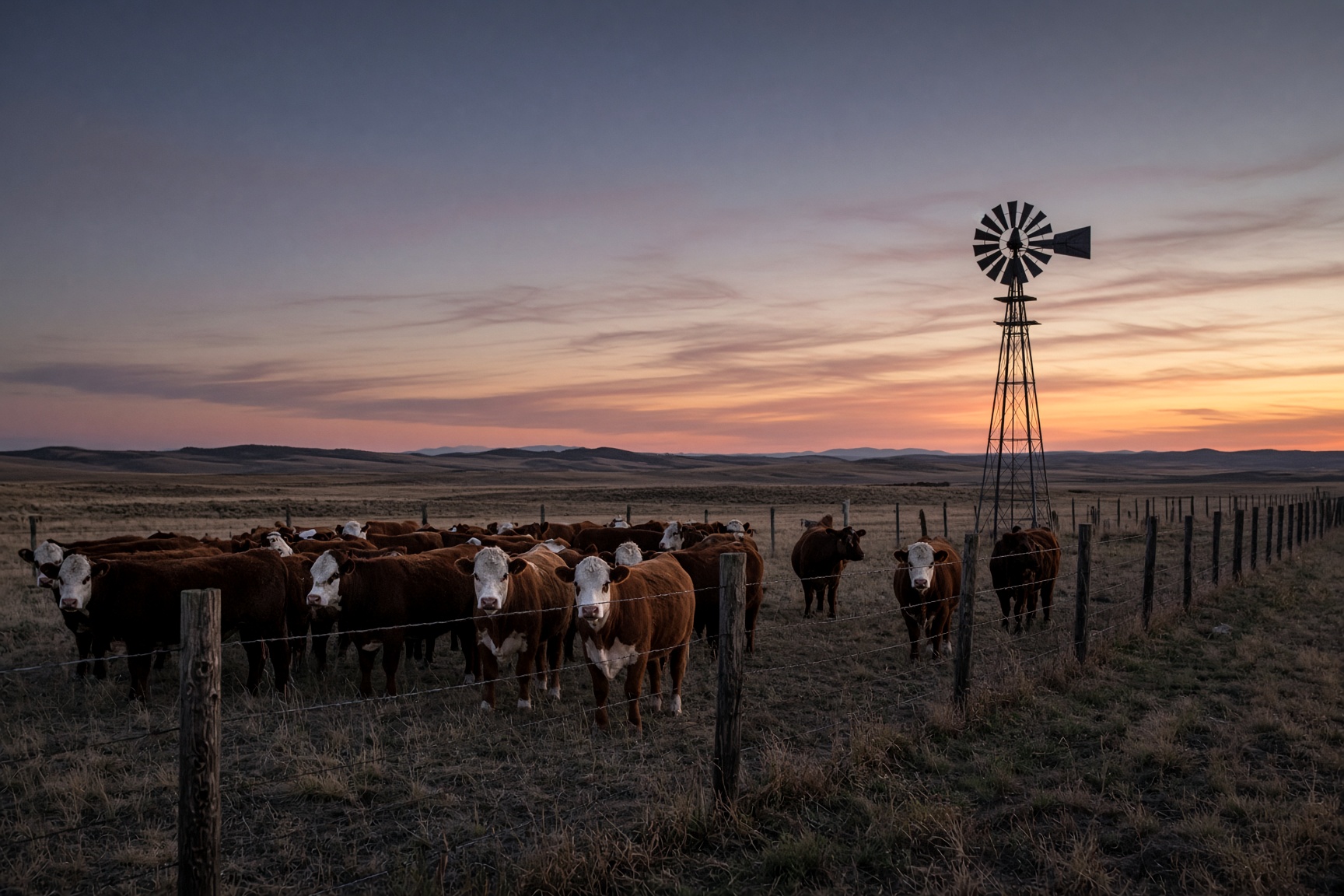 Cattle on open American rangeland at dusk