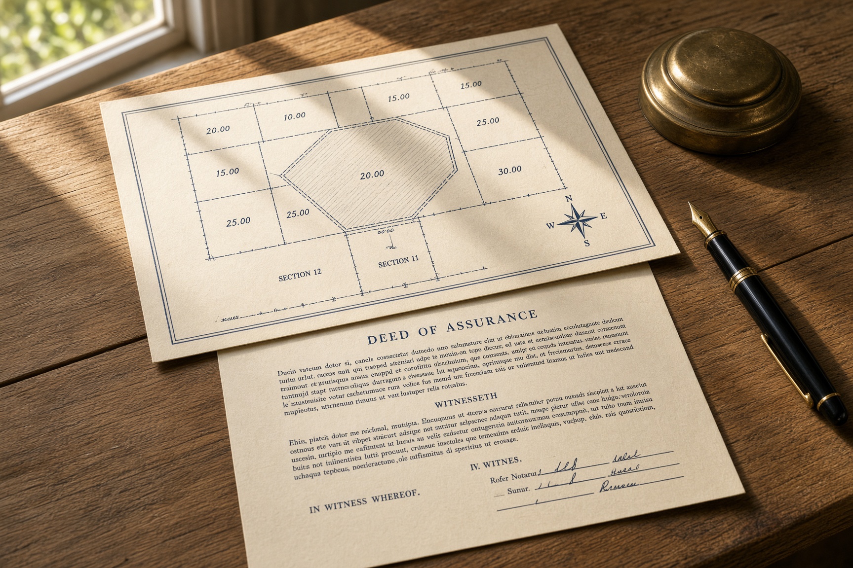Property plat map and deed on a wooden table