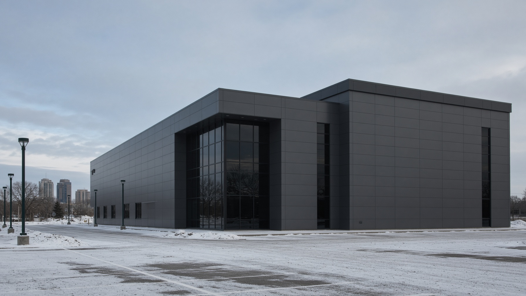 Windowless commercial building on a snowy empty lot at midday