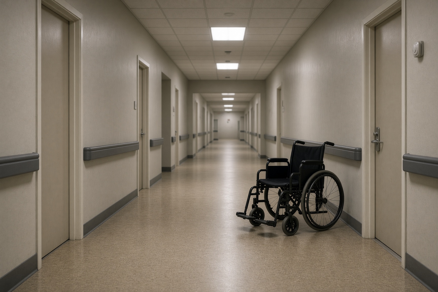 Empty hospice hallway with an unoccupied wheelchair
