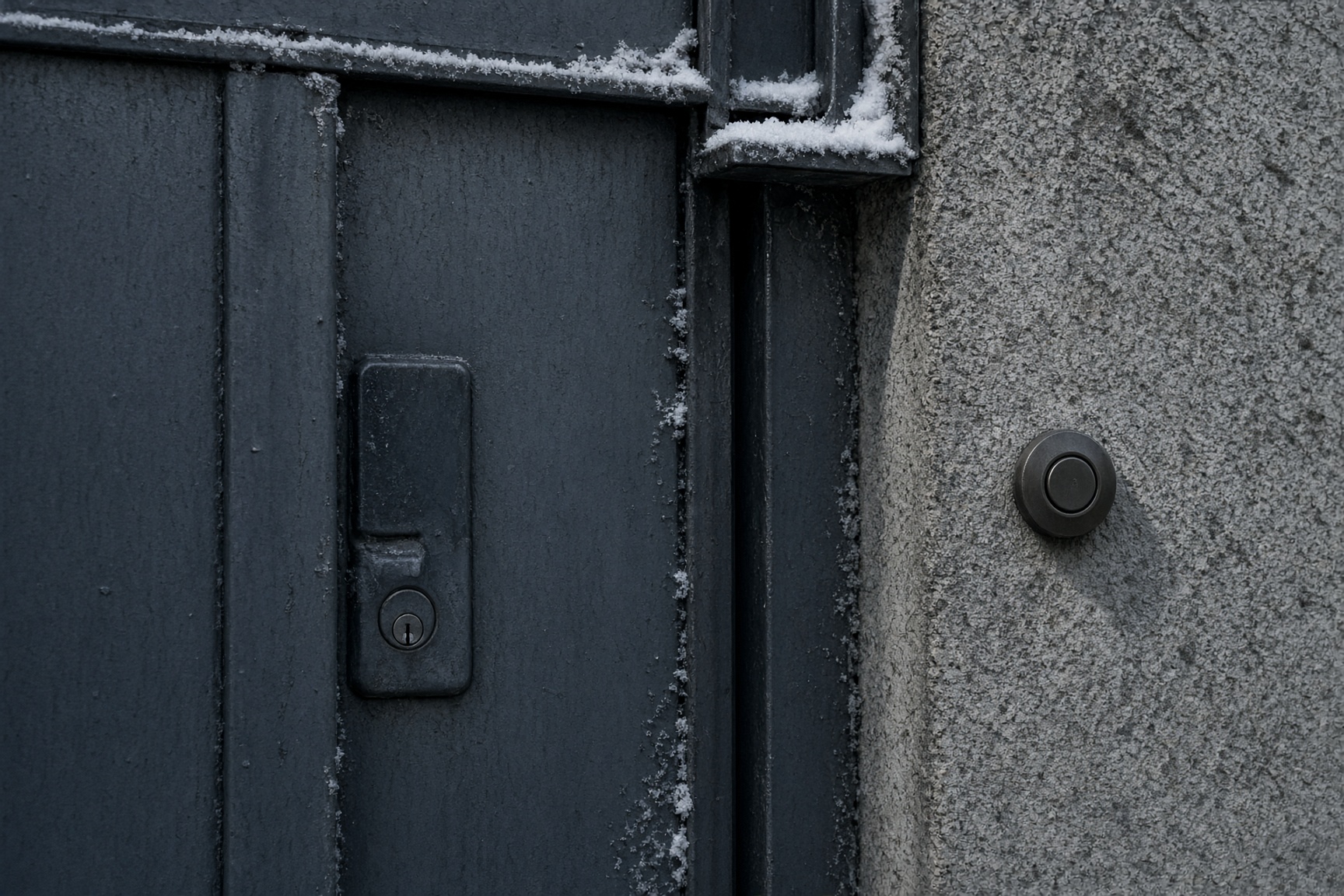 Locked metal commercial door in winter light
