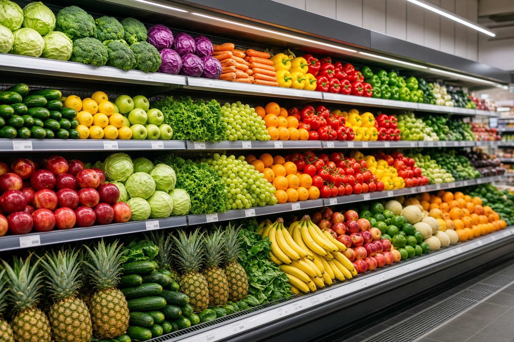 Stocked American grocery produce aisle