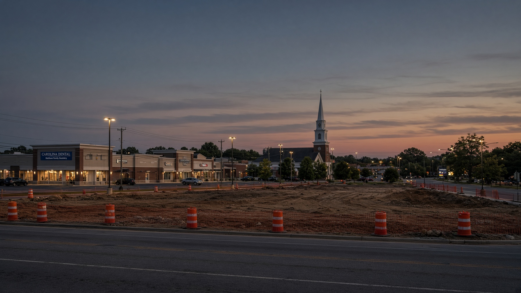 Graded suburban lot with construction fencing at dusk