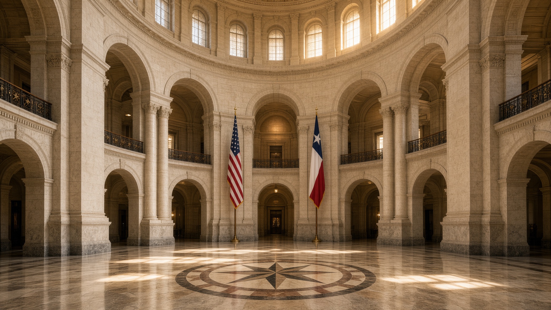 Interior of the Texas State Capitol rotunda with flags