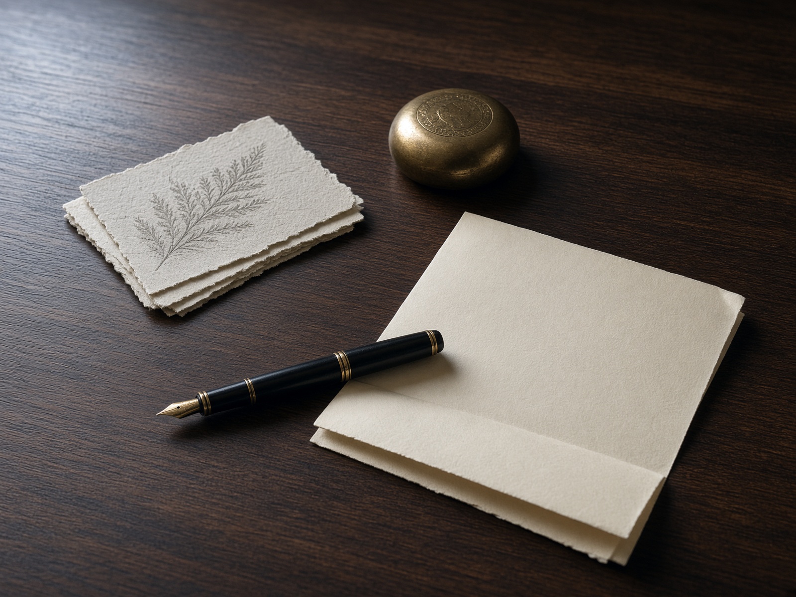 Fountain pen and blank parchment on a walnut desk